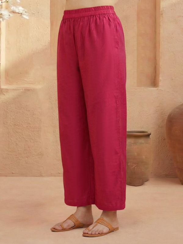 Globus Gloplus Women Pink Zari Embroidered V-Neck Straight Plus Size Kurta with Wide Leg Pants Workwear Set