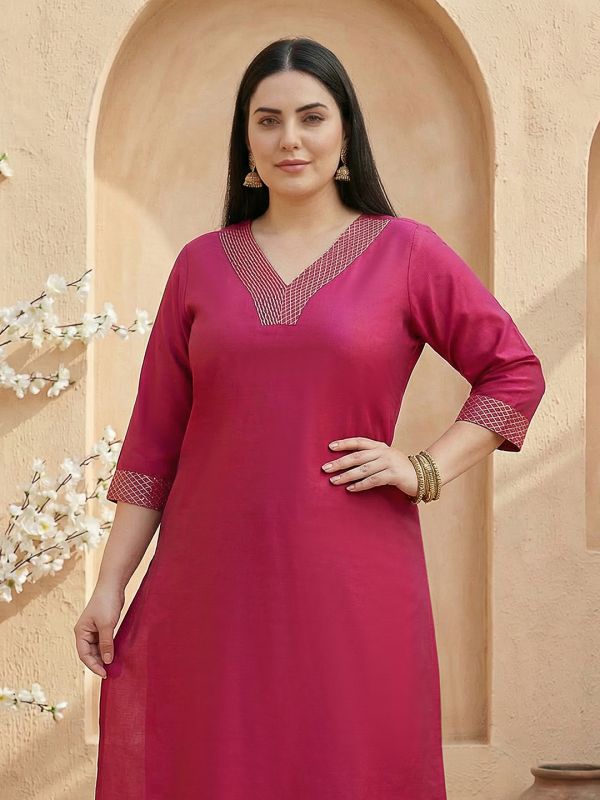 Globus Gloplus Women Pink Zari Embroidered V-Neck Straight Plus Size Kurta with Wide Leg Pants Workwear Set