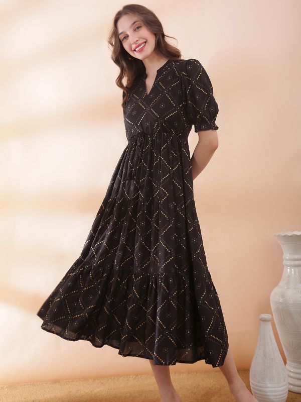 Globus Women Black Bandhani Printed Mandarin Collar Puff Sleeves Waist Tie-Ups Tiered A-Line Midi Dress