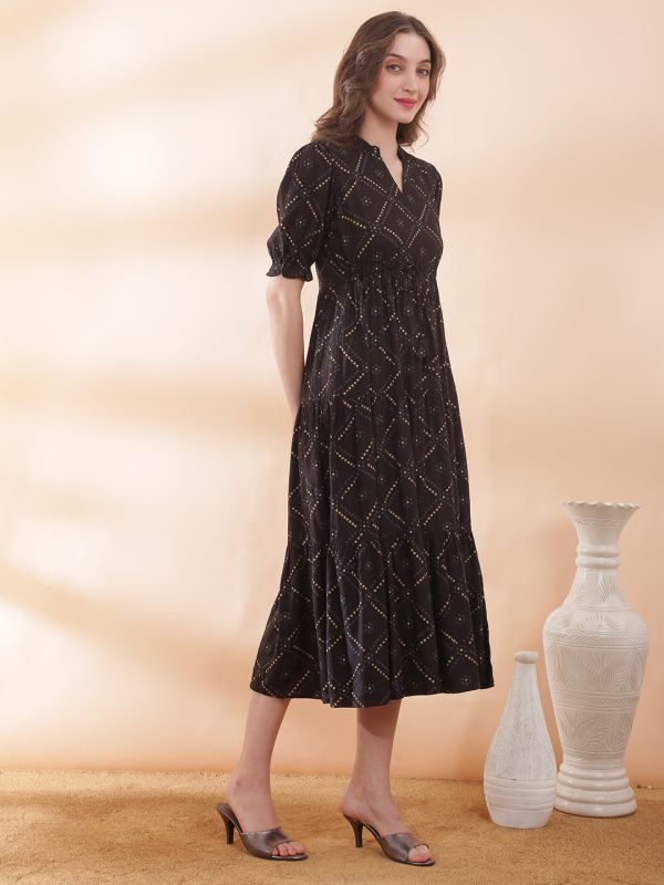 Globus Women Black Bandhani Printed Mandarin Collar Puff Sleeves Waist Tie-Ups Tiered A-Line Midi Dress