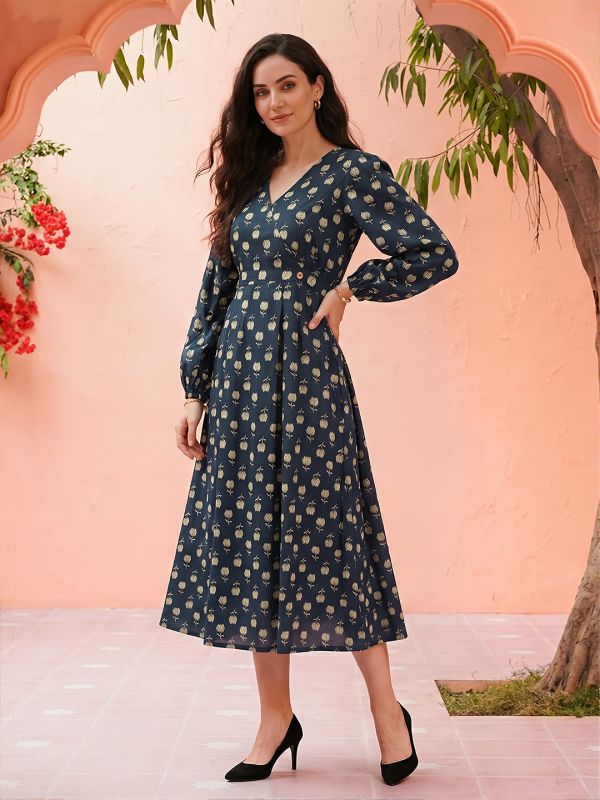 Globus Women Blue Allover Floral Printed V-Neck Bishop Sleeves Fit & Flare Midi Dress