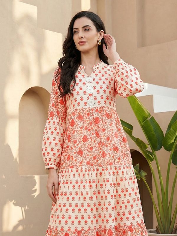 Globus Women Off White Floral Printed Mandarin Collar Bishop Sleeves Tiered Fit & Flare Maxi Fusion Dress