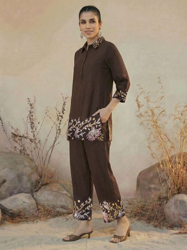 Globus Women Brown Floral Embroidered Shirt Collar Cuffed Sleeves Top & Mid-Rise Pants Fusion Co-Ord Set