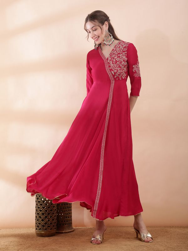 Globus Women Magenta V-Neck Sequin Floral Embroidery Gotta Lace Insert Fit and Flare Maxi Festive Dress