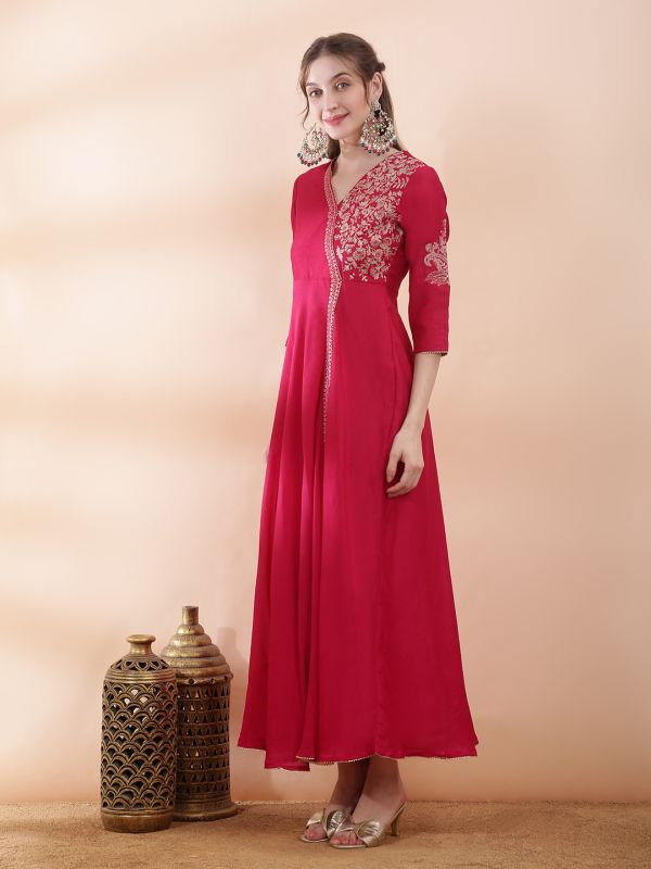 Globus Women Magenta V-Neck Sequin Floral Embroidery Gotta Lace Insert Fit and Flare Maxi Festive Dress