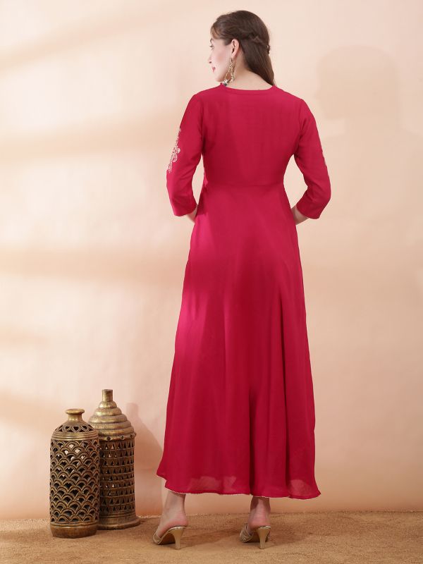 Globus Women Magenta V-Neck Sequin Floral Embroidery Gotta Lace Insert Fit and Flare Maxi Festive Dress