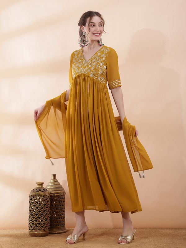 Globus Women Yellow Sequinned Embroidered V-Neck Pleated Flared Hem A-Line Maxi Festive Dress With Dupatta Set