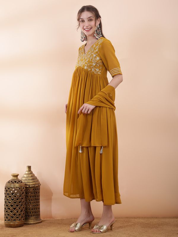 Globus Women Yellow Sequinned Embroidered V-Neck Pleated Flared Hem A-Line Maxi Festive Dress With Dupatta Set