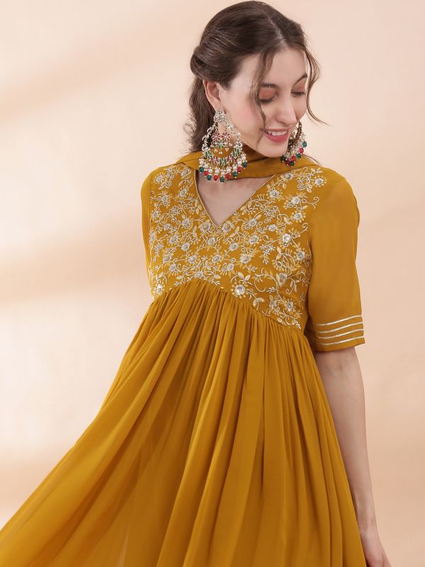 Globus Women Yellow Sequinned Embroidered V-Neck Pleated Flared Hem A-Line Maxi Festive Dress With Dupatta Set