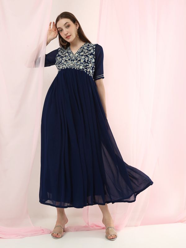 Globus Women Blue Sequinned Embroidered V-Neck Pleated Flared Hem A-Line Maxi Festive Dress With Dupatta Set