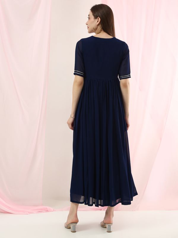 Globus Women Blue Sequinned Embroidered V-Neck Pleated Flared Hem A-Line Maxi Festive Dress With Dupatta Set