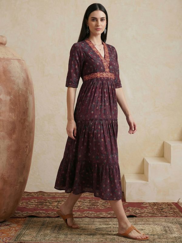 Globus Women Wine Embroidered V-Neck Puff Sleeves Gold Foil Floral Print Gathered & Tiered A-Line Midi Fusion Dress