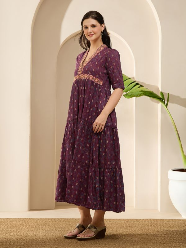 Globus Women Wine Embroidered V-Neck Puff Sleeves Gold Foil Floral Print Gathered & Tiered A-Line Midi Fusion Dress