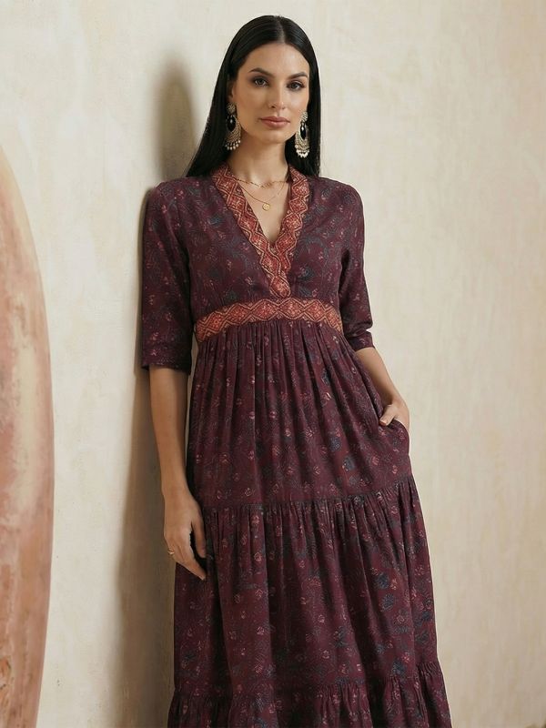 Globus Women Wine Embroidered V-Neck Puff Sleeves Gold Foil Floral Print Gathered & Tiered A-Line Midi Fusion Dress