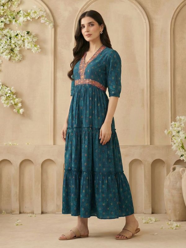 Globus Women Teal Embroidered V-Neck Puff Sleeves Gold Foil Floral Print Gathered & Tiered Midi A-Line Fusion Dress