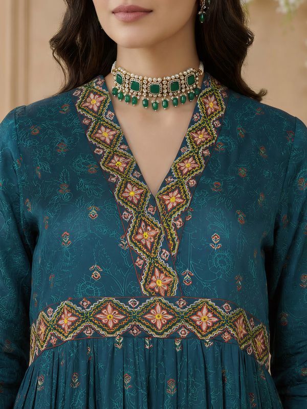 Globus Women Teal Embroidered V-Neck Puff Sleeves Gold Foil Floral Print Gathered & Tiered Midi A-Line Fusion Dress