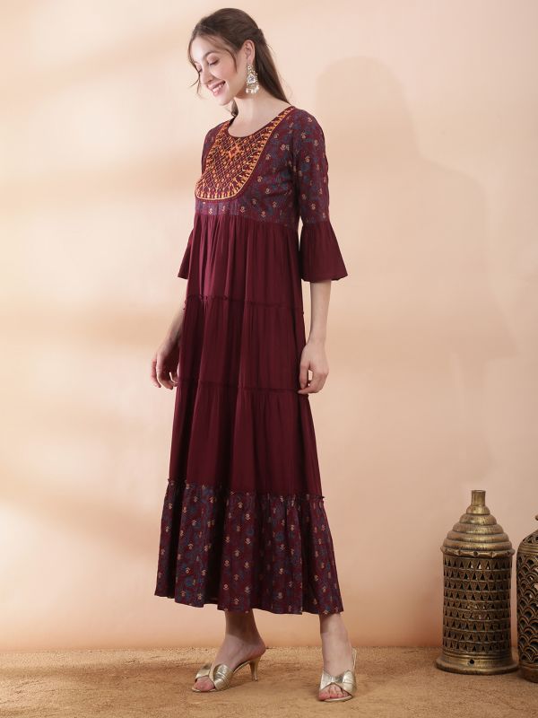 Globus Women Wine Round Neck Bell Sleeves Foil Print Embroidered Yoke Mirror Work Detail Gathered & Tiered Maxi A-Line Fusion Dress