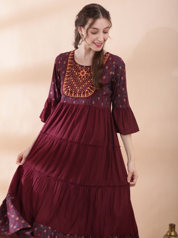 Globus Women Wine Round Neck Bell Sleeves Foil Print Embroidered Yoke Mirror Work Detail Gathered & Tiered Maxi A-Line Fusion Dress