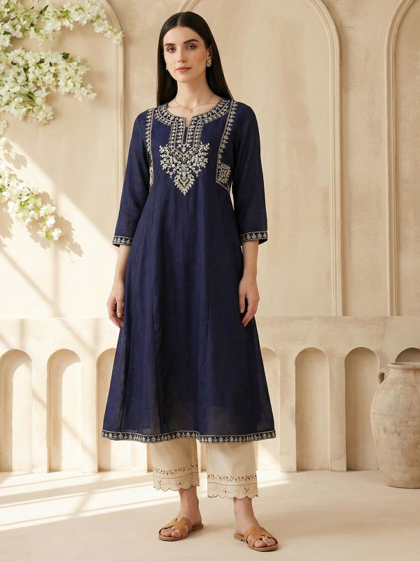 Globus Women Navy Blue Floral Embroidered Zari Yoke Detail Round Neck Panelled Anarkali Festive Kurta