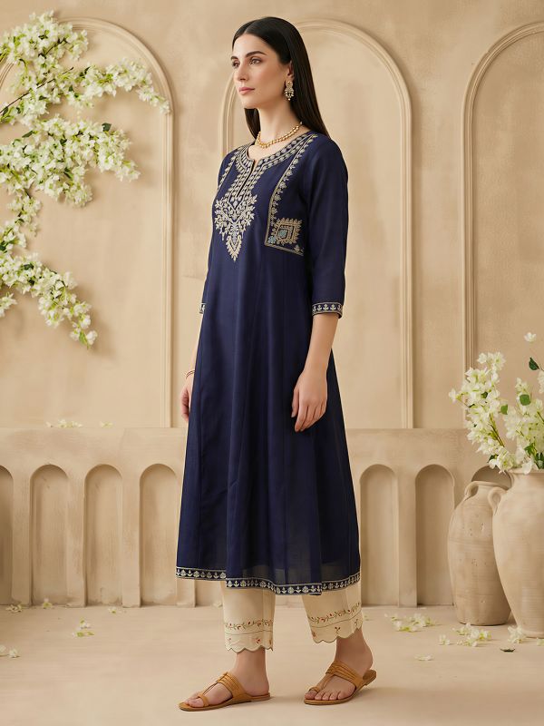 Globus Women Navy Blue Floral Embroidered Zari Yoke Detail Round Neck Panelled Anarkali Festive Kurta