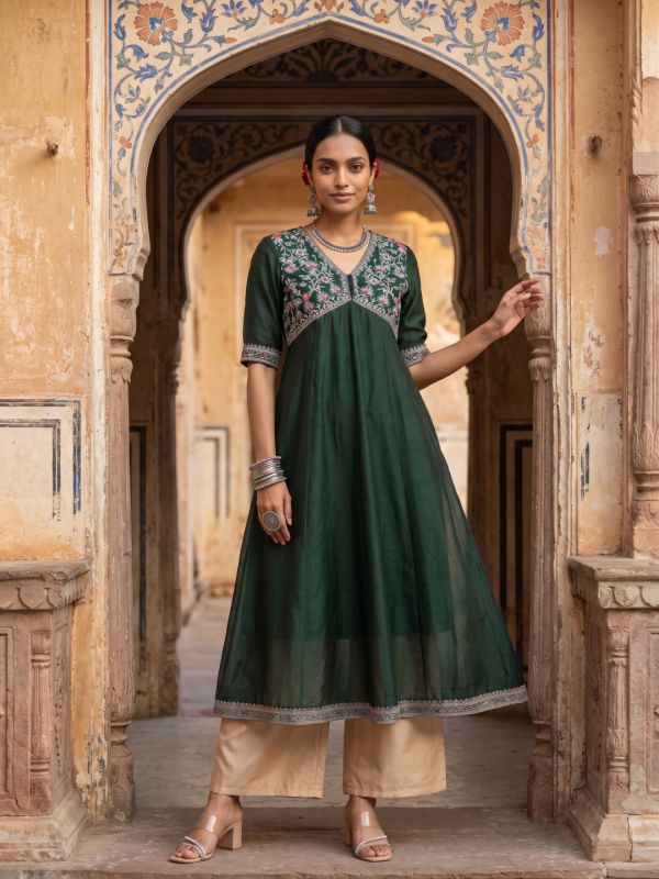 Globus Women Green Sequinned Floral Embroidered Zari Yoke V-Neck Short Sleeves Alia Cut A-Line Festive Kurta