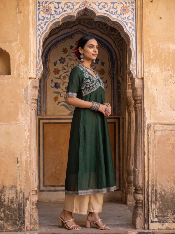 Globus Women Green Sequinned Floral Embroidered Zari Yoke V-Neck Short Sleeves Alia Cut A-Line Festive Kurta