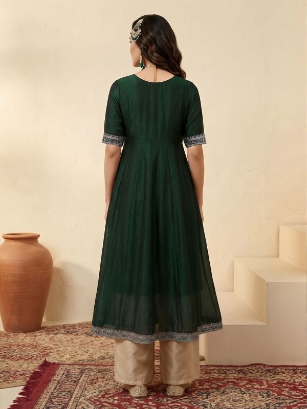 Globus Women Green Sequinned Floral Embroidered Zari Yoke V-Neck Short Sleeves Alia Cut A-Line Festive Kurta 
