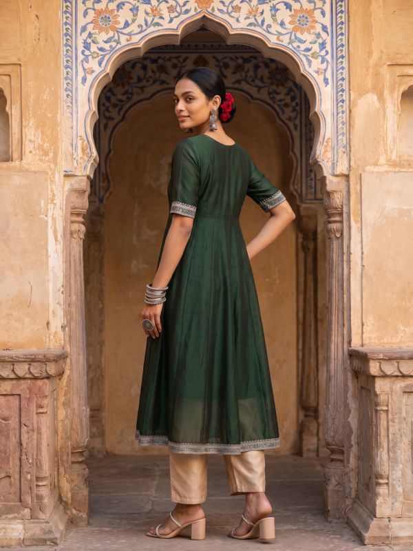 Globus Women Green Sequinned Floral Embroidered Zari Yoke V-Neck Short Sleeves Alia Cut A-Line Festive Kurta