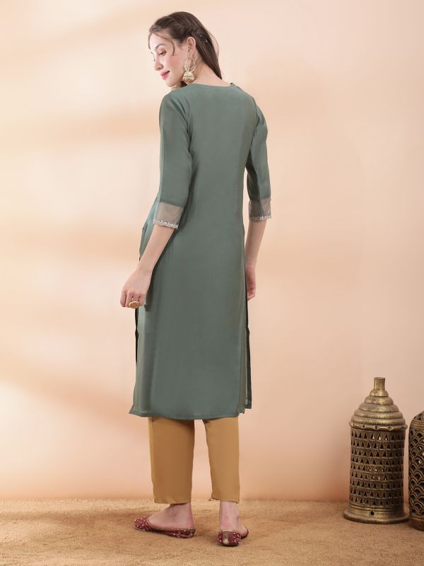 Globus Women Green Sequinned & Zari Embroidered Yoke Round Neck Scalloped Sleeves Side Slits Festive Kurta 
