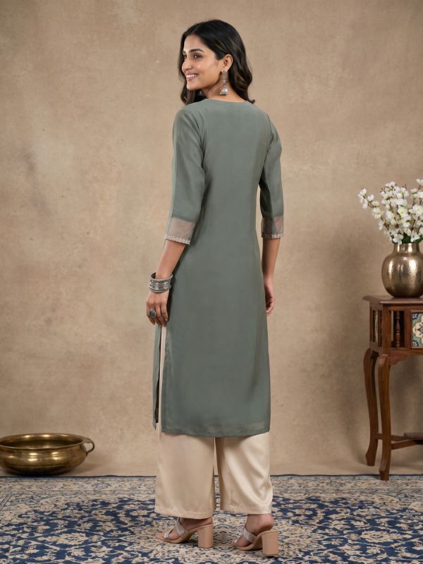 Globus Women Green Sequinned & Zari Embroidered Yoke Round Neck Scalloped Sleeves Side Slits Festive Kurta