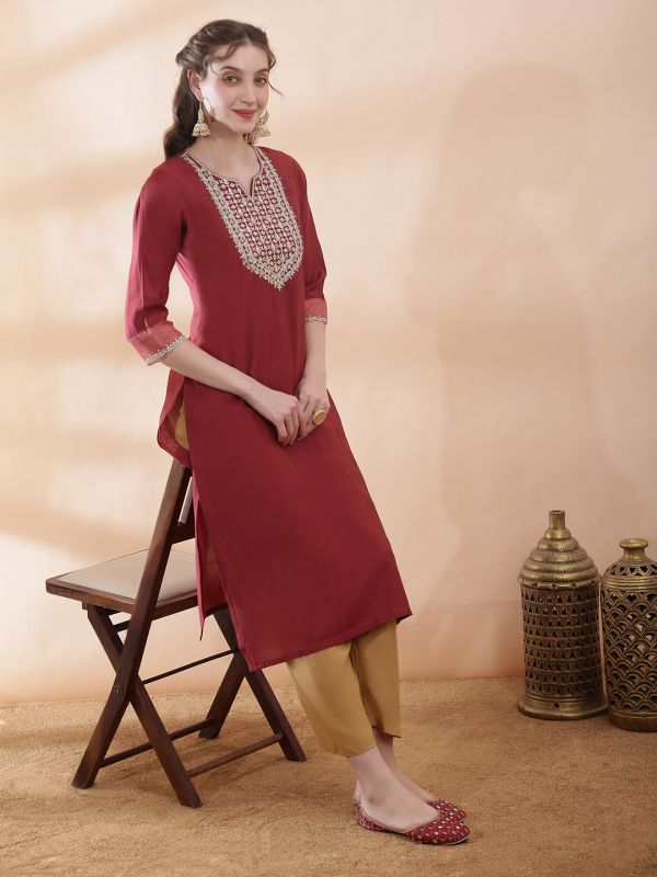 Globus Women Brown Sequinned & Zari Embroidered Yoke Round Neck Scalloped Sleeves Side Slits Festive Kurta