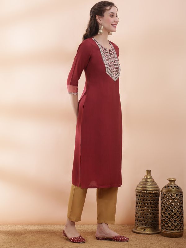 Globus Women Brown Sequinned & Zari Embroidered Yoke Round Neck Scalloped Sleeves Side Slits Festive Kurta