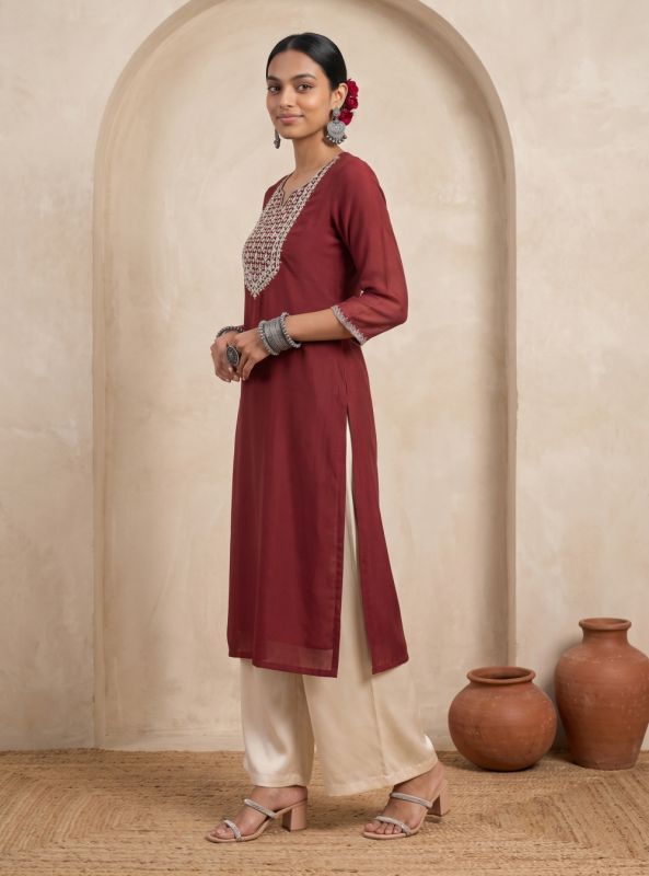 Globus Women Brown Sequinned & Zari Embroidered Yoke Round Neck Scalloped Sleeves Side Slits Festive Kurta