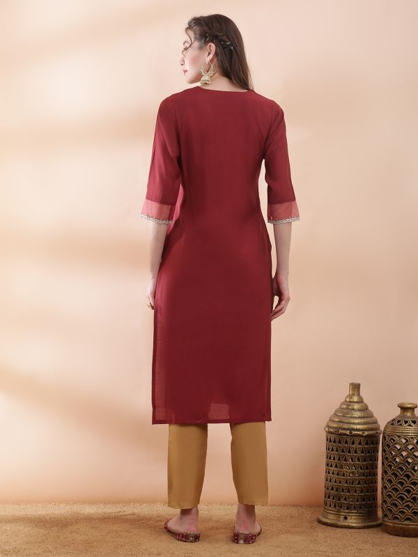 Globus Women Brown Sequinned & Zari Embroidered Yoke Round Neck Scalloped Sleeves Side Slits Festive Kurta