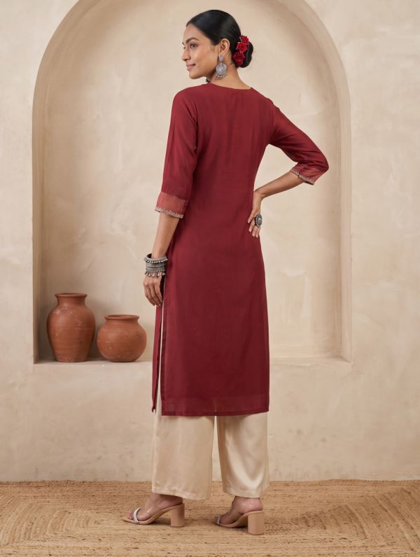 Globus Women Brown Sequinned & Zari Embroidered Yoke Round Neck Scalloped Sleeves Side Slits Festive Kurta