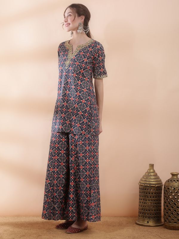 Globus Women Navy Blue Embroidered & Mirror Work Yoke Ethnic Print Kurti with Wide Leg Palazzos Festive Co-Ord Set