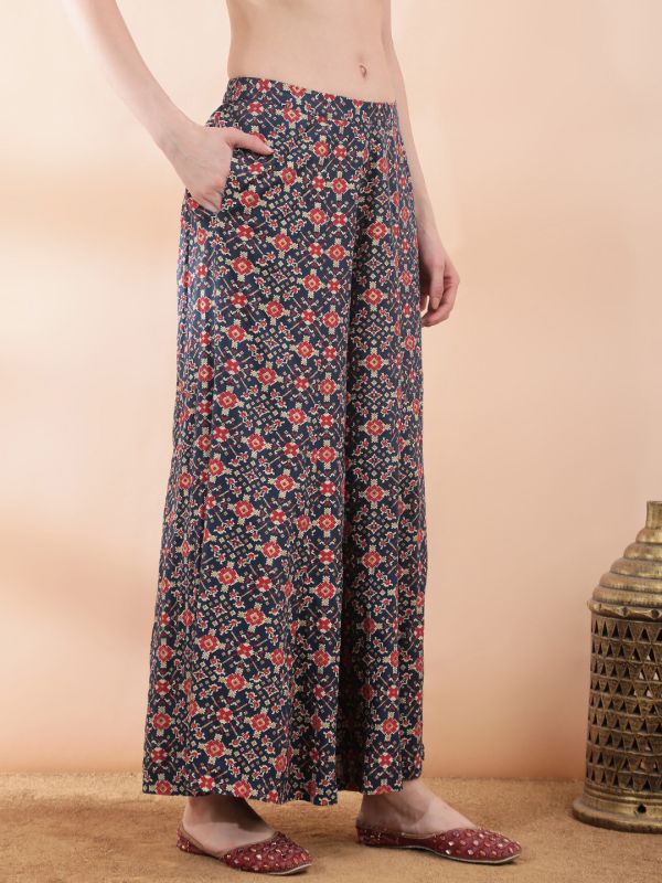 Globus Women Navy Blue Embroidered & Mirror Work Yoke Ethnic Print Kurti with Wide Leg Palazzos Festive Co-Ord Set