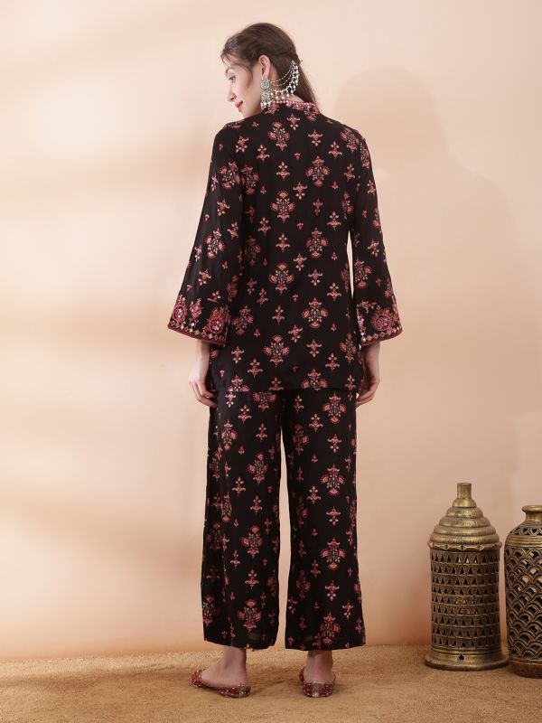 Globus Women Black V-Neck Bell Sleeves Embroidered & Mirror Work Detail Ethnic Print Front Slit Top with Pants Fusion Co-ord Set