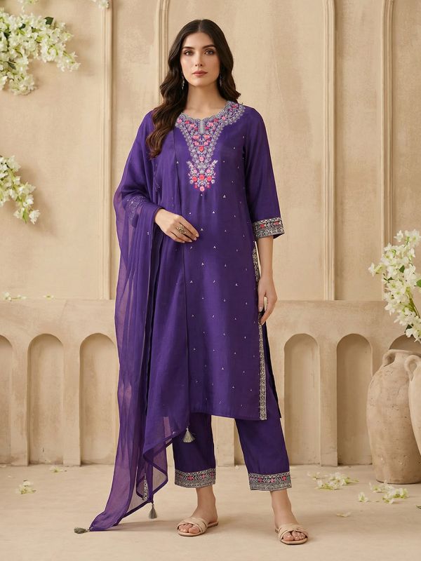 Globus Women Purple Scalloped Round Neck Embroidered Yoke A-Line Kurta with Wide Leg Pants & Dupatta Festive Set