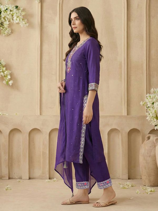 Globus Women Purple Scalloped Round Neck Embroidered Yoke A-Line Kurta with Wide Leg Pants & Dupatta Festive Set