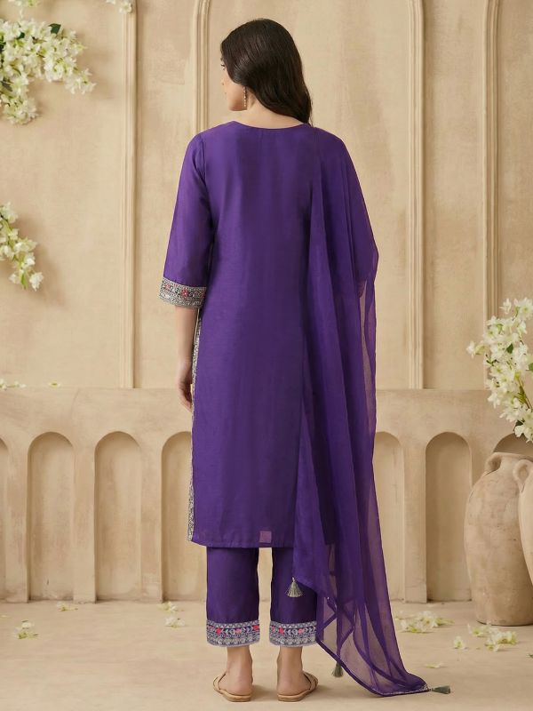 Globus Women Purple Scalloped Round Neck Embroidered Yoke A-Line Kurta with Wide Leg Pants & Dupatta Festive Set