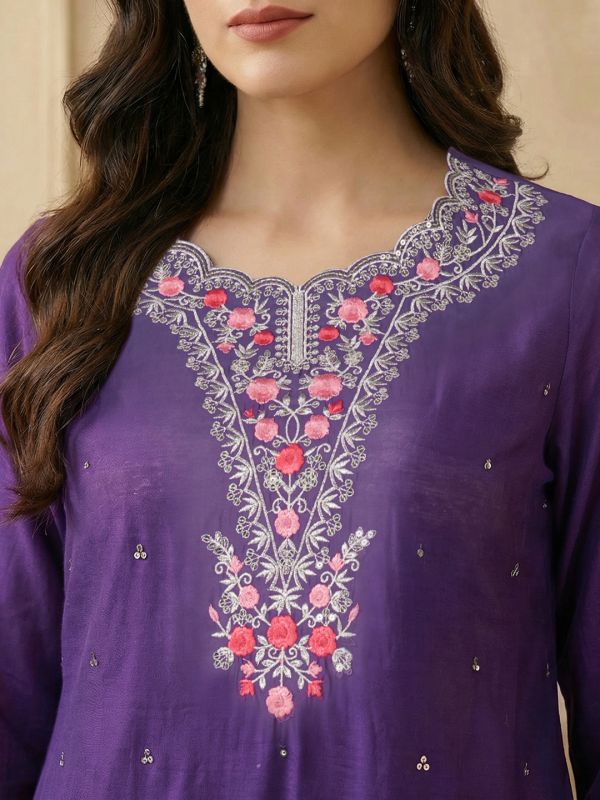 Globus Women Purple Scalloped Round Neck Embroidered Yoke A-Line Kurta with Wide Leg Pants & Dupatta Festive Set