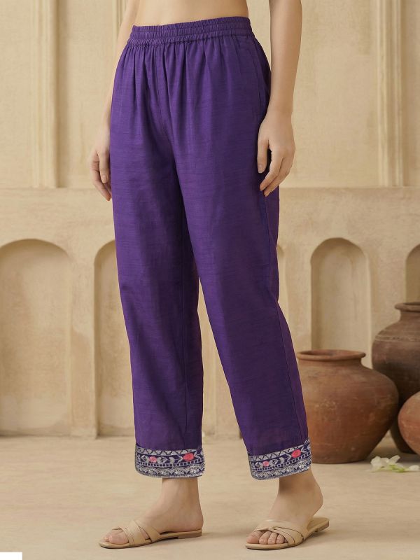 Globus Women Purple Scalloped Round Neck Embroidered Yoke A-Line Kurta with Wide Leg Pants & Dupatta Festive Set