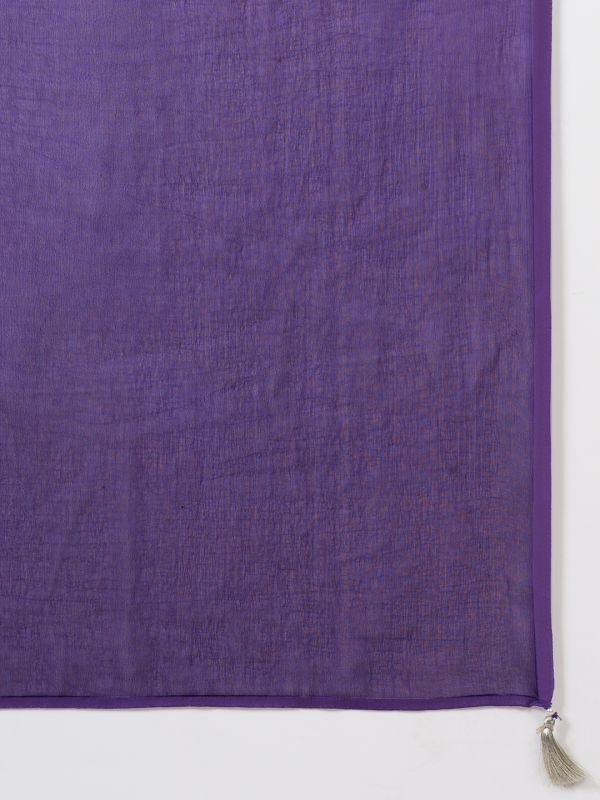 Globus Women Purple Scalloped Round Neck Embroidered Yoke A-Line Kurta with Wide Leg Pants & Dupatta Festive Set
