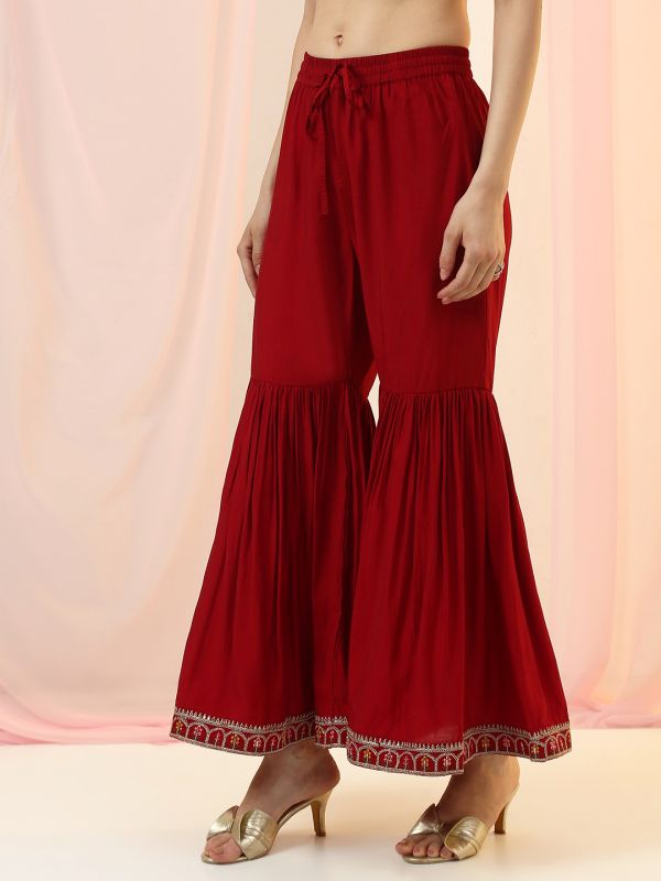 Globus Women Wine Round Neck Sequinned & Mirror Embroidered Yoke Back Tie-Up Kurti With Pants & Dupatta Festive Set