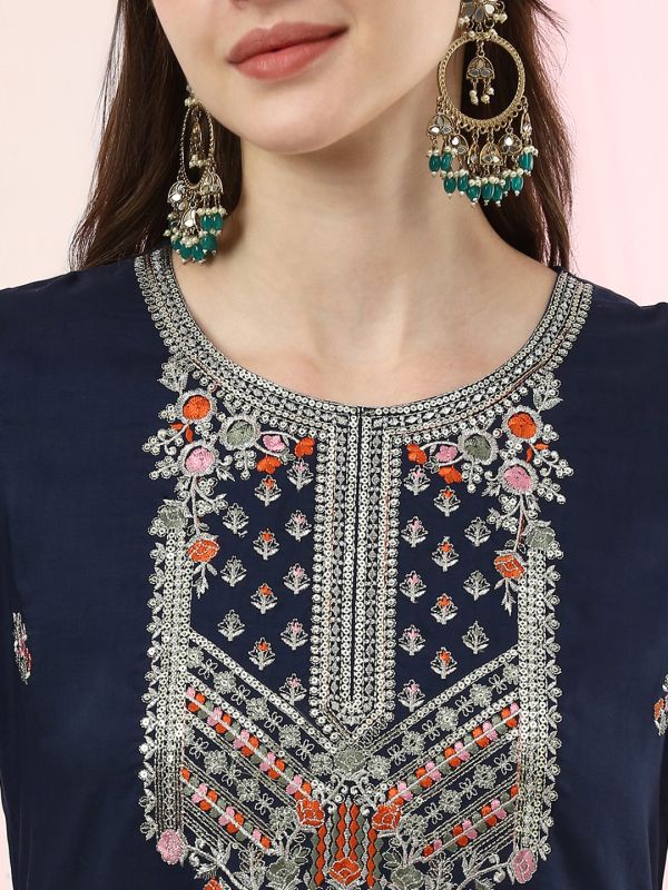 Globus Women Blue Round Neck Sequinned Floral Embroidered Straight Kurta with Pants & Gotta Lace Dupatta Festive Set