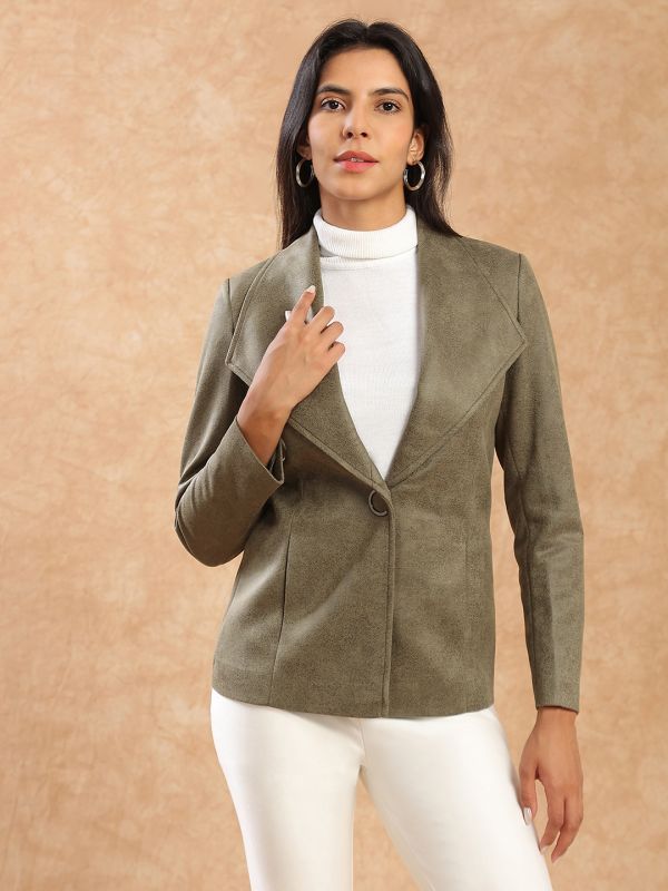 Globus Women Olive Shawl Collar Long Sleeves Self Design Suede 2 Pockets Soft Functional Winterwear Overcoat