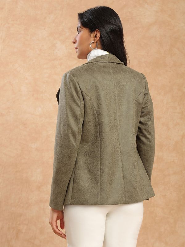Globus Women Olive Shawl Collar Long Sleeves Self Design Suede 2 Pockets Soft Functional Winterwear Overcoat