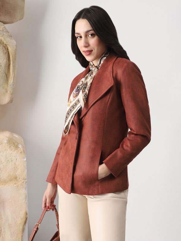 Globus Women Rust Shawl Collar Long Sleeves Self Design Suede 2 Pockets Soft Functional Winterwear Overcoat