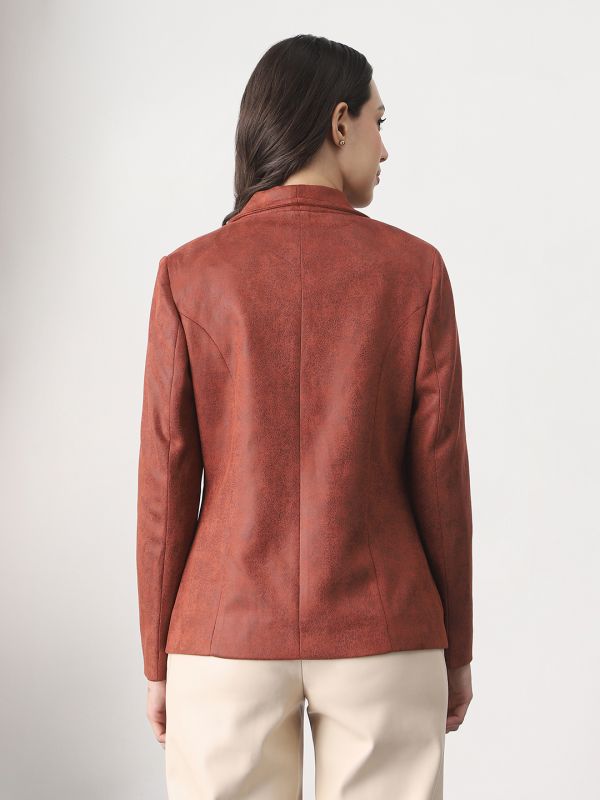 Globus Women Rust Shawl Collar Long Sleeves Self Design Suede 2 Pockets Soft Functional Winterwear Overcoat